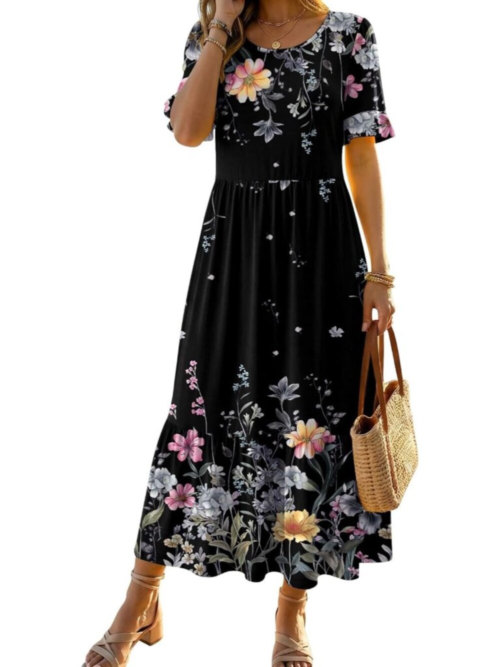 Women's Black Floral Midi Dress Crew Neck Ruffle Short Sleeve Tiered Sundress